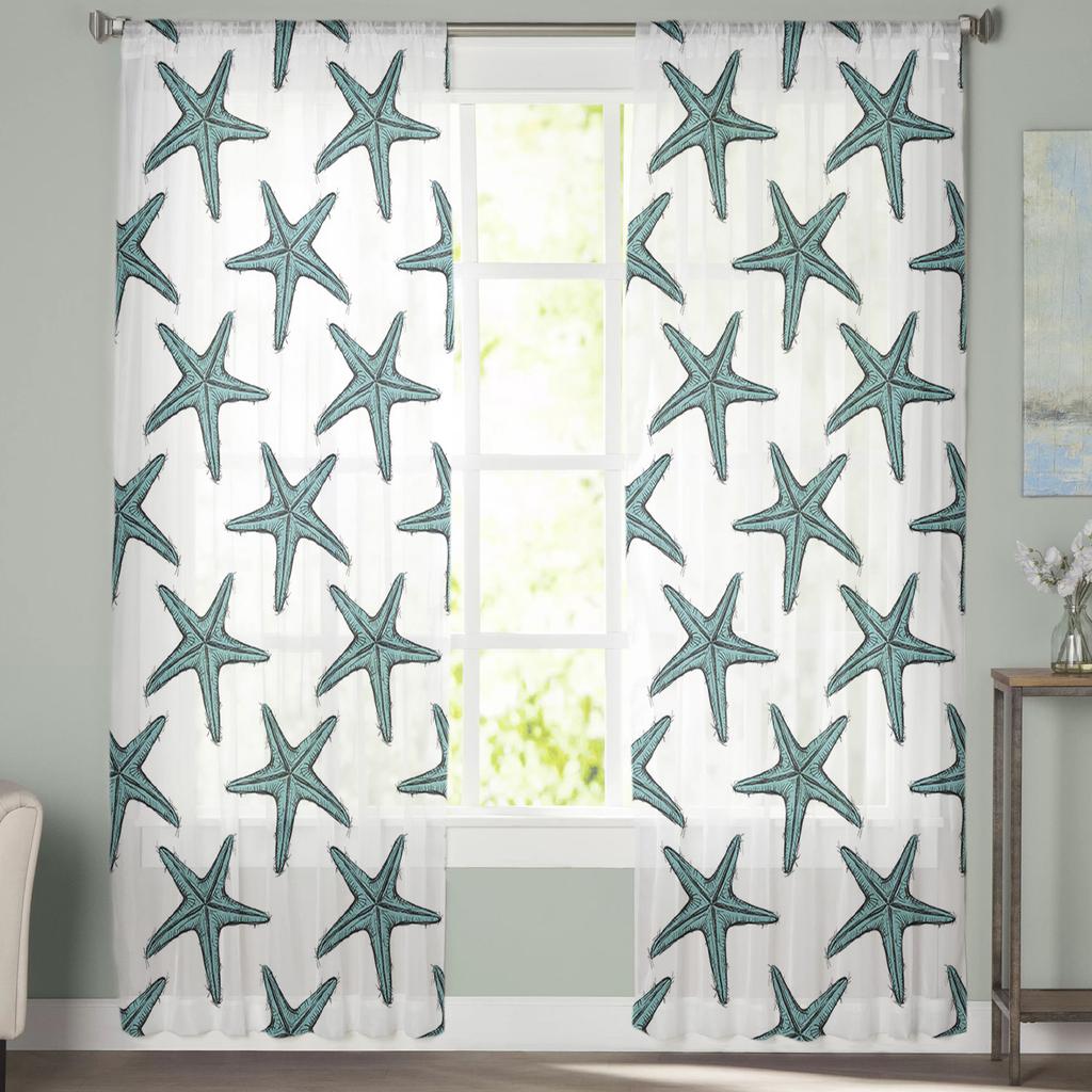 Starfish Texture Aqua In Summer Chiffon Sheer Curtains For Living Room Bedroom Decoration Window Tulle Curtains Drapes