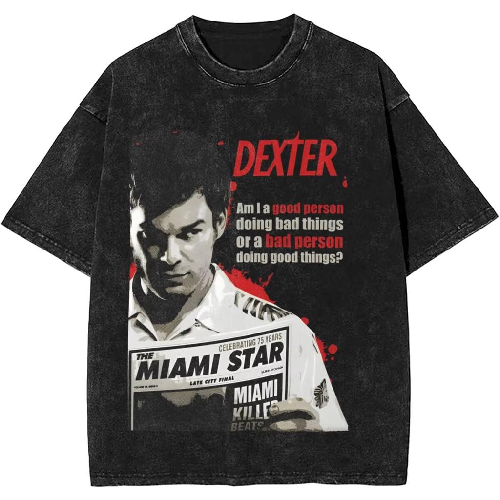 New Dexter Morgan Edition Middle Finger Retro Fashion Washed Tshirt Summer Top Cotton Mens and Womens Tshirt