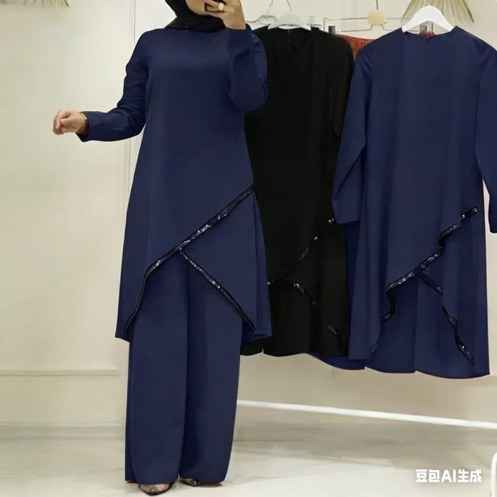 Women Solid Long Sleeve Irregular Tunic Wide Leg Pants Two Piece Set Shiny Trim Modest Muslim Outfit Middle East Southeast Asia Spring Casual Suit