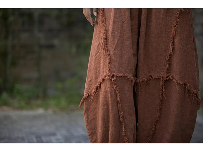 Spring Plus Size Ramie Brushed Lantern Pants, Casual Cotton-Linen Distressed Style for Women