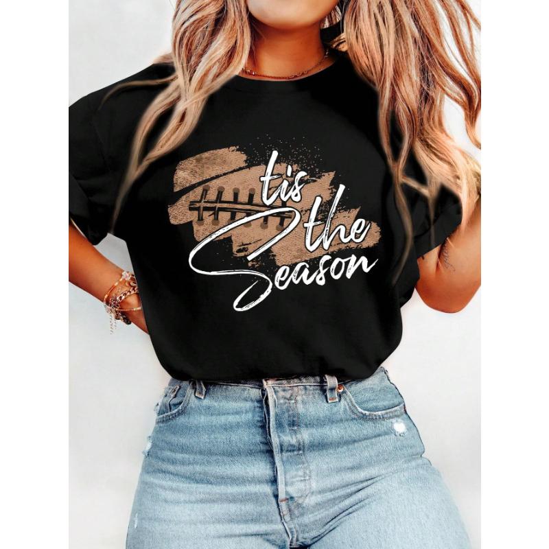 Women's Casual Round Neck Short Sleeve Olive Green Football Letter Print T-Shirt