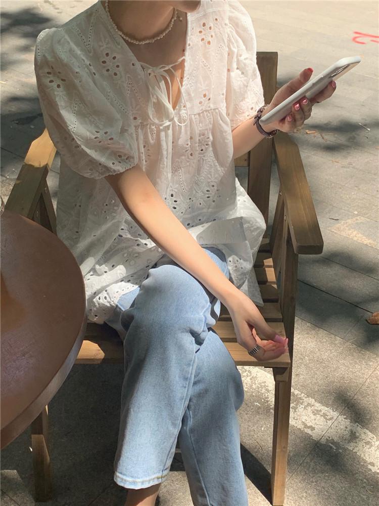 French White Design Hollow Lace Top Women's Summer Versatile Loose Short-sleeved Shirt Bubble Sleeve Shirt