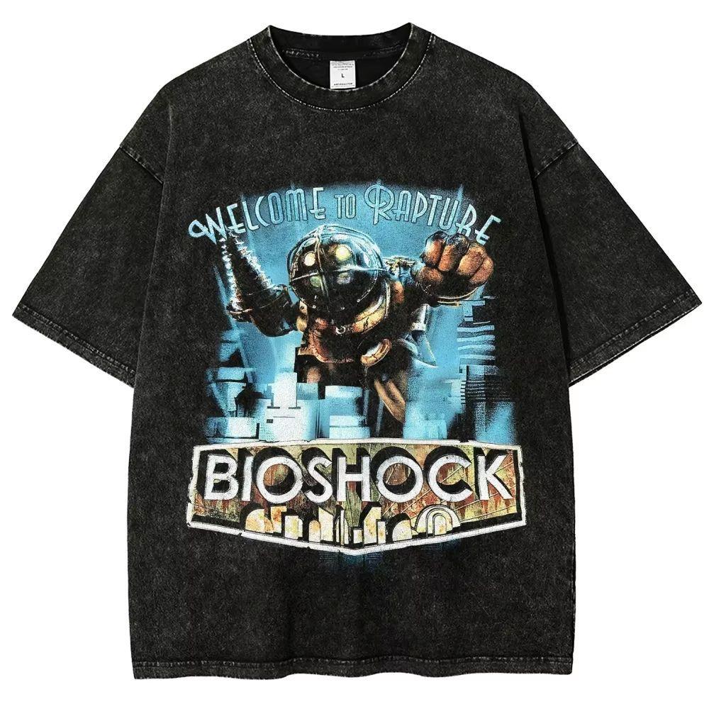 Pop BioShock Game Short-sleeved Washed-out Distressed Pure Cotton Loose Men's and Women's Shirt Large Size