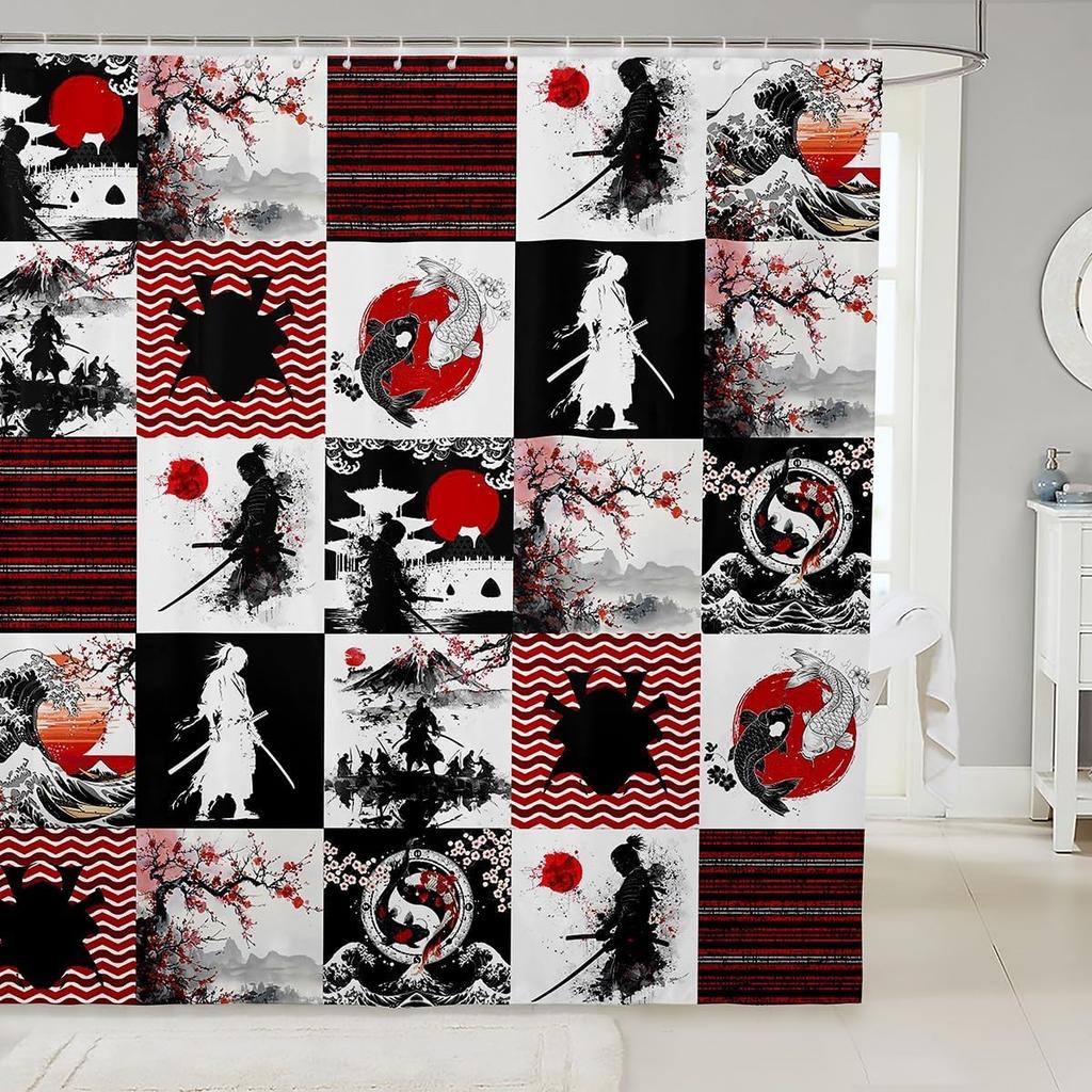 Kids Japanese Geisha Shower Curtain Boys Girls Cherry Blossoms Bathroom Shower Curtain Set Japanese Style Bath Curtain