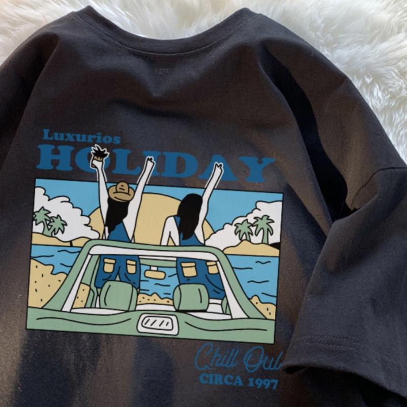 New Summer Women's Retro American Short-sleeved T-shirt Loose White Korean Fashion Tops Y2k Top Graphic Women Clothing