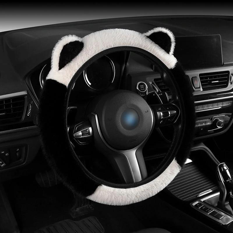 Plush Steering Wheel Cover Comfortable Warm Cartoon Print Waterproof Non-Slip Universal Fit for 14.57-14.96 Inch Steering Wheels