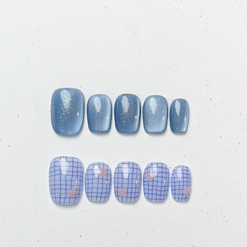 Handmade Cat Eye Short Square Oval Press On Nails With Bowknot Pearl Diamond Flower Star Decor Detachable Full Cover