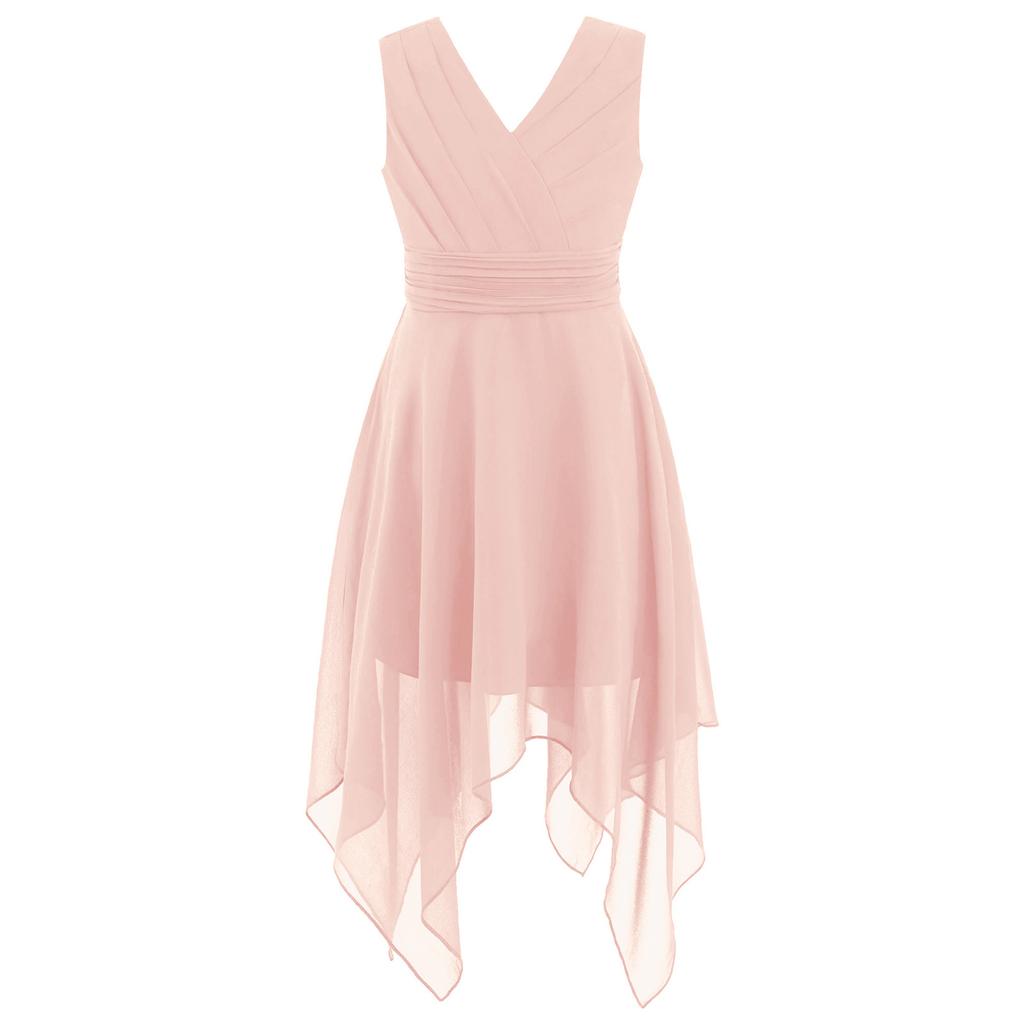 Fließendes einfarbiges Chiffonkleid für Mädchen V-Ausschnitt Ärmellos Asymmetrischer Saum Plissierte Taille Partyauftrittskleid