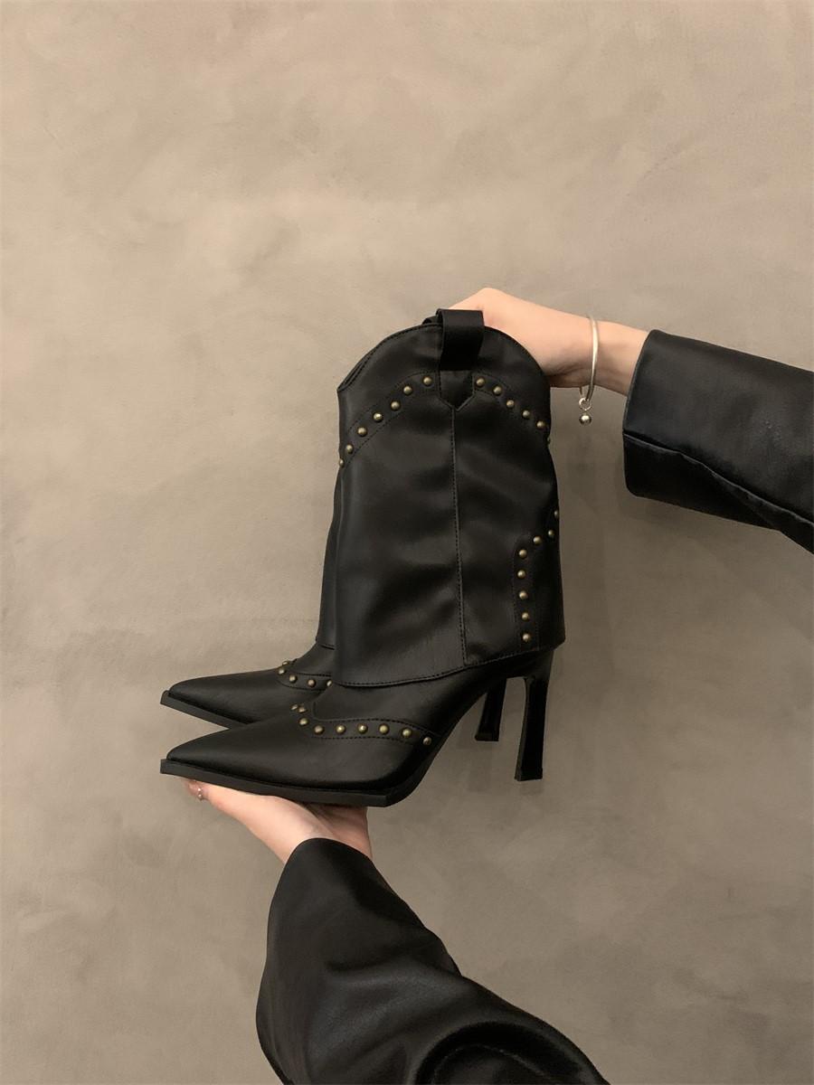 

Тонкие сапоги с острым каблуком, французские короткие сапоги, женская обувь 2024 года, новые весенне-осенние одинарные сапоги коричневого цвета, корейские маленькие голые сапоги 40 чёрный