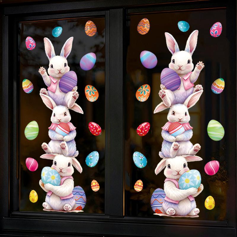 Easter Stacking Rabbit And Egg Laying Atmosphere Decoration Stickers Display Window Refrigerator Static Cling Stickers