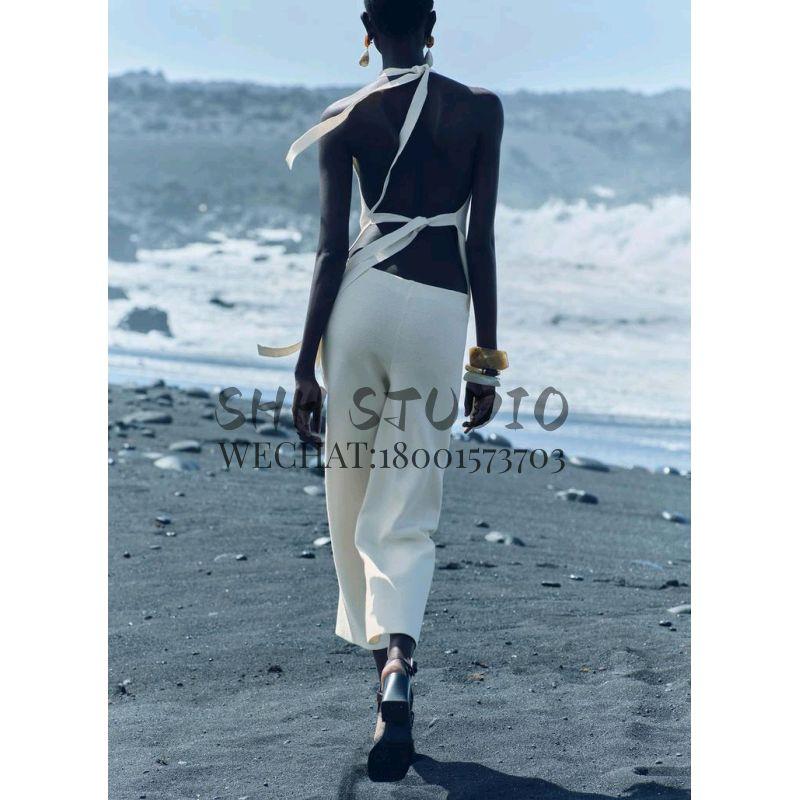 Spring New Temperament Hanging Collar Open Back Knitting Tops 2893013 High Waist Wide Leg Pants 2893014