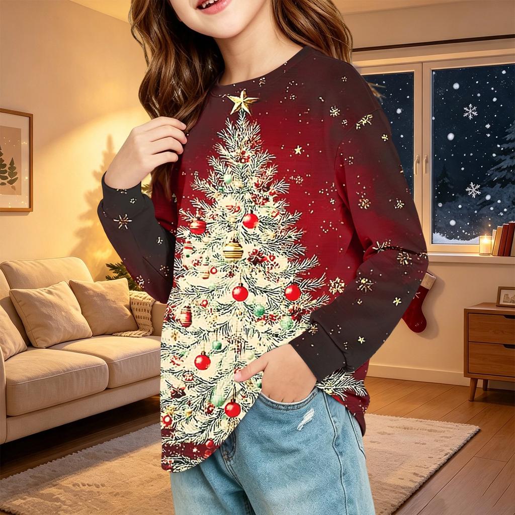 Kids Fashion Christmas Long Sleeve Neck Top with Pocket, Holiday Print Shirt for Boys and Girls