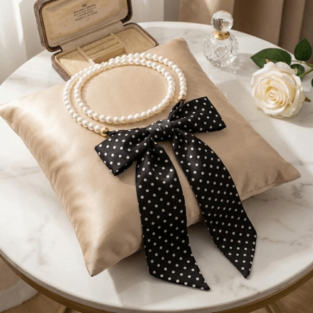 Silk Polka Dot Scarf Necklace Faux Pearl Ribbon Neckband Trendy Choker Daily