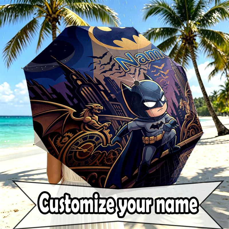 Custom Name Personalized Batman Print Umbrella, Auto Open Close, 8‑Rib Sturdy Frame, Commute Camping Hiking Use, Birthday Gift