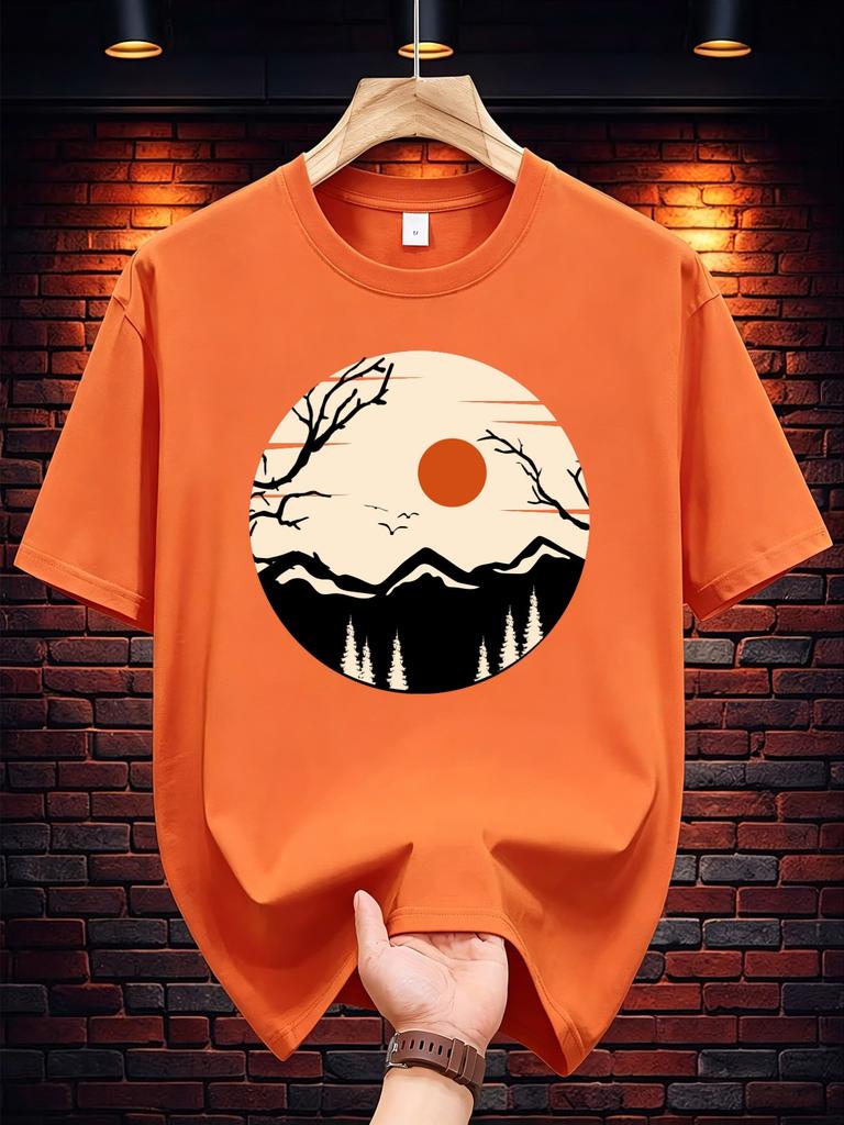 Unisexs Summer Crew Neck T Shirt Minimalist Mountain Sunset Forest Graphic Tee Casual Loose Fashion Top Outdoor Hiking Daily Wear