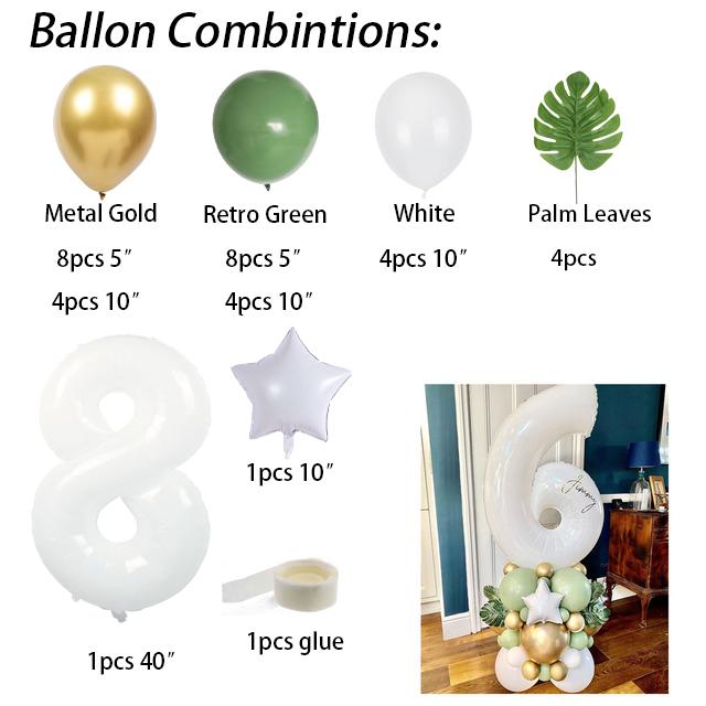34pcs 40inch White Number Palm Leaves Retro Green Balloons Kit Kids 1 2 3th Birthday Balloons Set Baby Shower Decoration