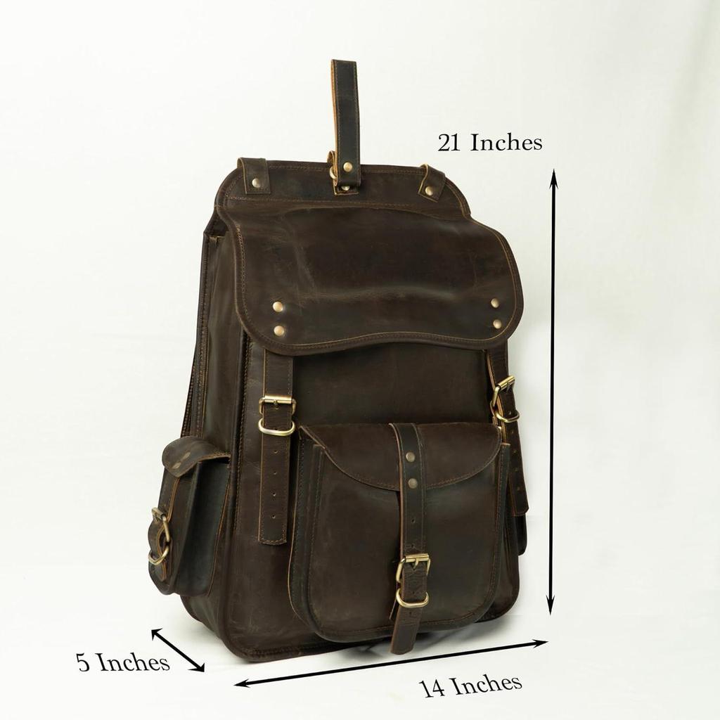 Vintage Full Grain 21 Inch Leather Laptop Large Backpack Casual Bookbag Daypack Camping Travel Rucksack Knapsack