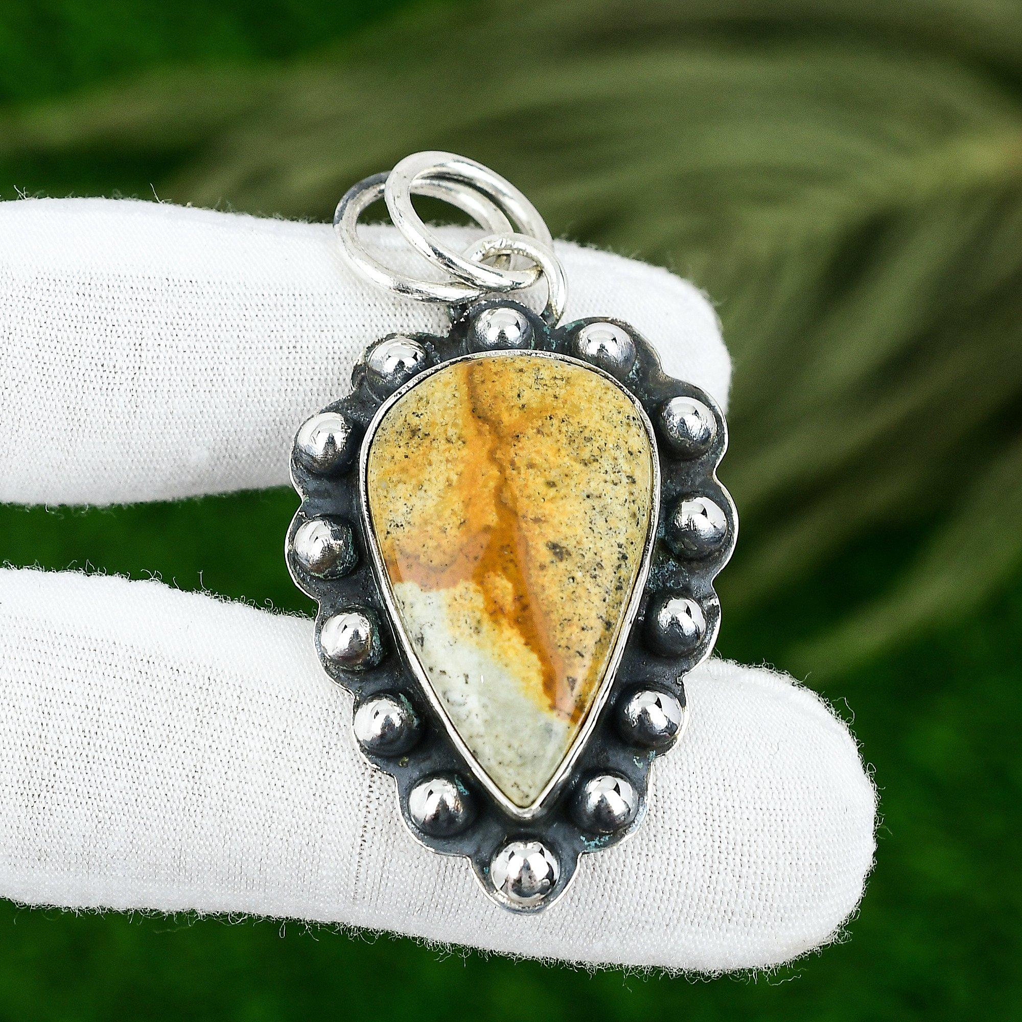 Pear Natural Polychrome Jasper Bezel Daughter Pendant Jewelry Sterling Silver