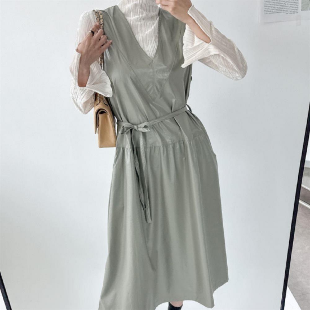 New ArriValS Open Run Women S V Neck SleeVeleSS dreSS With Leather waiSt Ribbon 