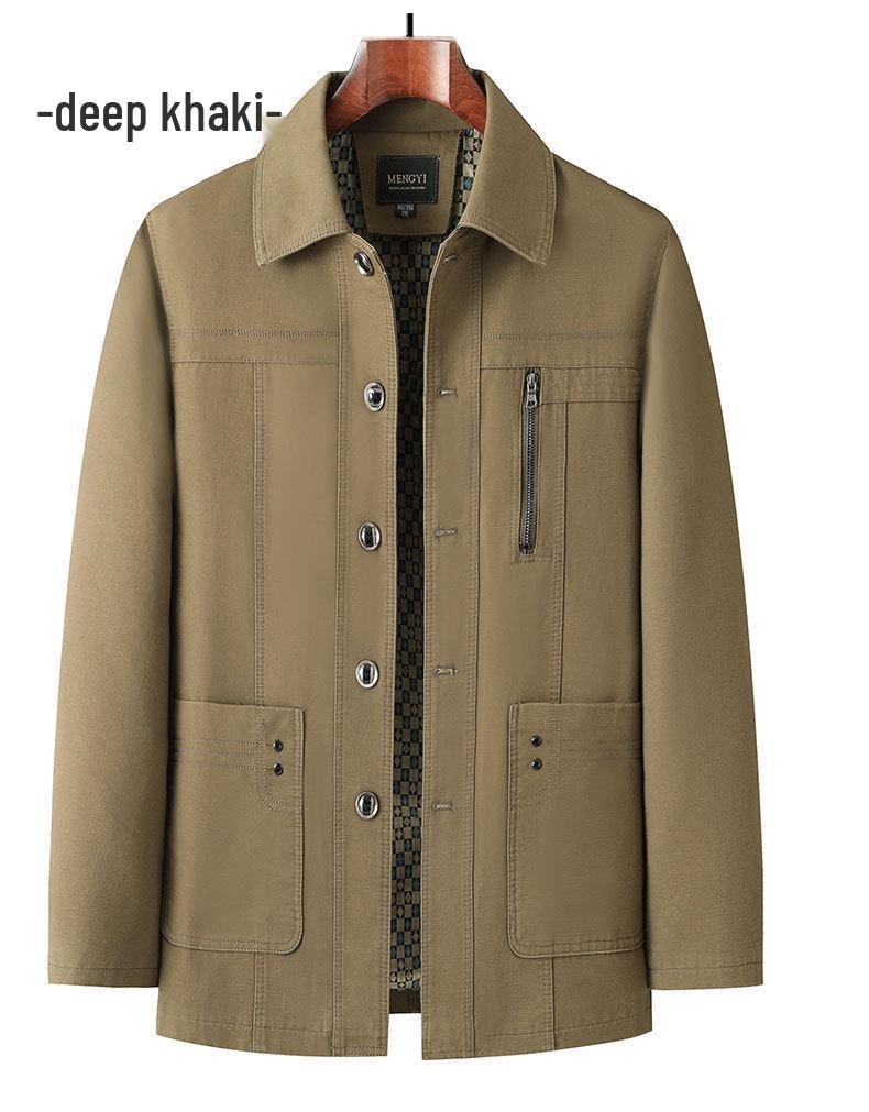 Men's Mid-length Cotton Jacket: Spring/Autumn, Lapel, Button-up, Dad Style, Plus Size for Middle-aged/Elderly