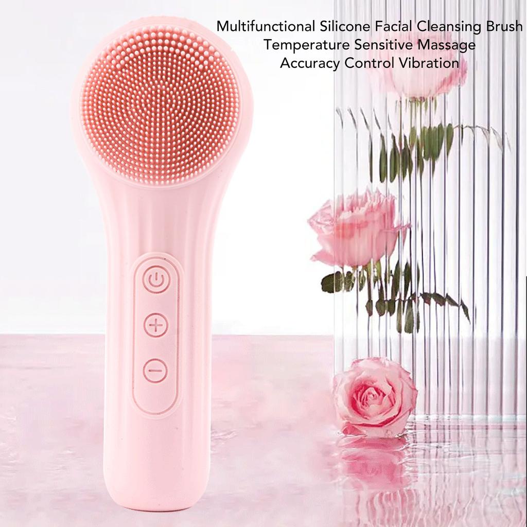 Facial Cleansing Brush Vibration Exfoliating Heating Silicone Face Scrub Brush for All Skin Types Pink Pink