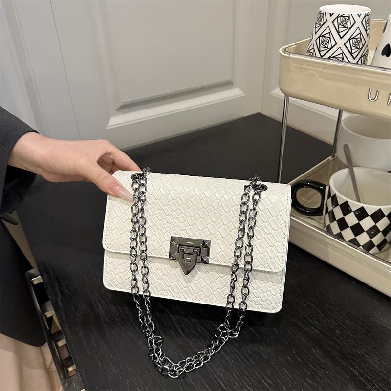 2025 Summer New Chain Small Square Bag Street Trend Stone Pattern Messenger Women's Bag Fashion Zipper Buckle Square Bag