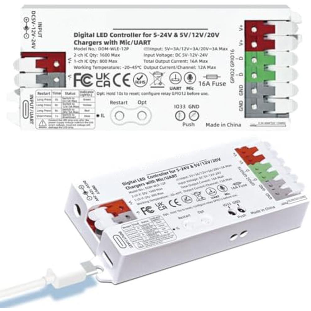 For WLED Digital LED Strip Controller for ESP32 Platform with 16A Current Rating White Housing USB C Connector 5-24V Range