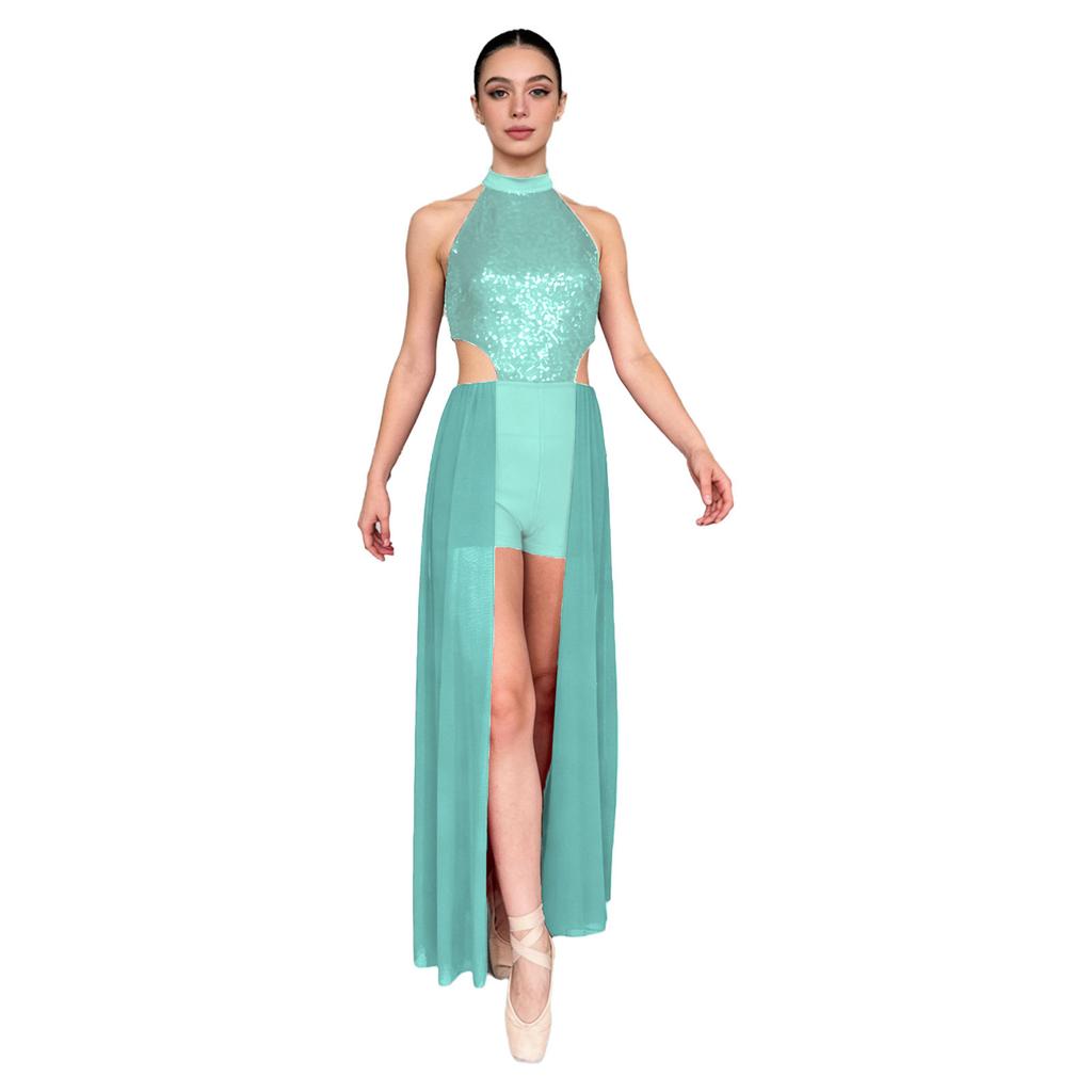 Damen rückenfreies Bodysuit-Kleid Pailletten-Oberteil Netzrock integrierter kurzer Unterteil Tanzkleidung