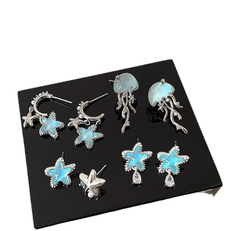 Fresh Blue Star Jellyfish Earrings - Unique, Fashionable, Elegant, Versatile Studs for Women