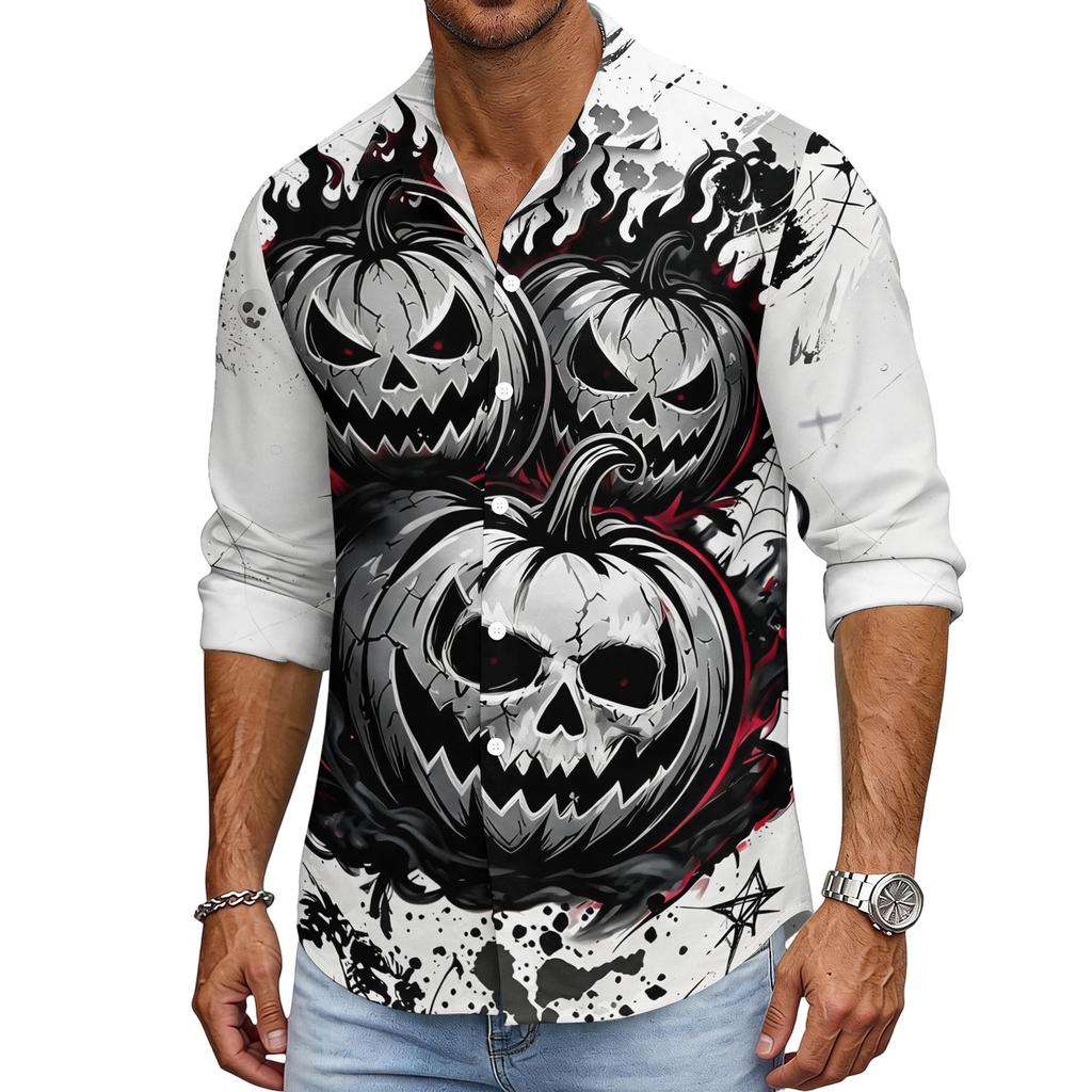 Men's Halloween Long Sleeve Button Down Shirt with Collar Casual for Holiday Parties
