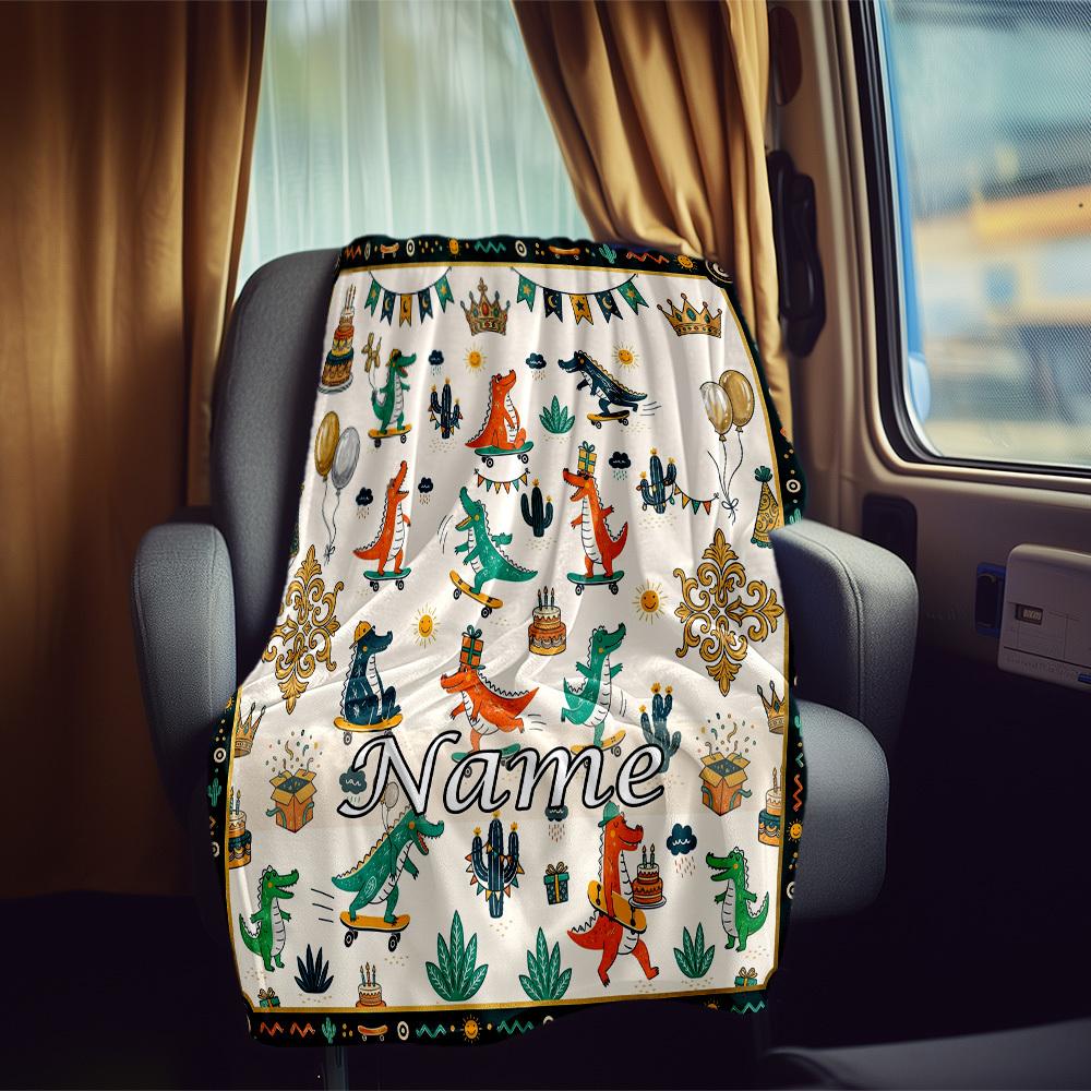 Cute Crocodile Party Rv Customize Your Name Blanket Comfortable Soft Lightweight Multiseasonal Blanket For Travel Camping Picnics Sofas Rvs Beds