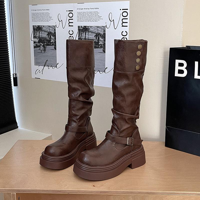 

Retro casual belt buckle back zipper fashion boots 2025 autumn and winter new thick-soled small tall knight boots tide 39