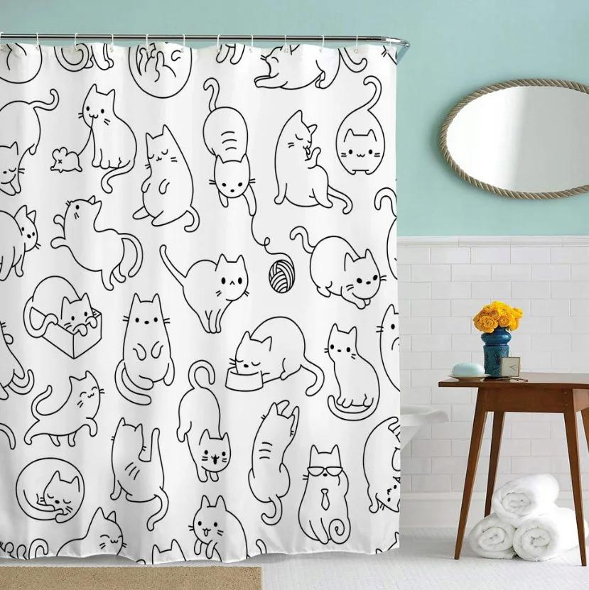 Cute Cat Pattern Shower Curtain - Fun Cartoon Design for Playful Bathroom Décor, Waterproof, Easy Care & Soft Fabric