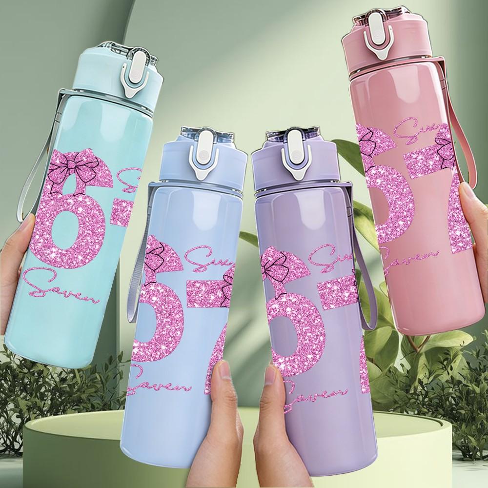 1PC Pink Glitter Number 67 Girly Print 750ml Color Plastic Sports Water Bottle Leakproof Flip Straw Lid Suitable for Sports Office Home Use