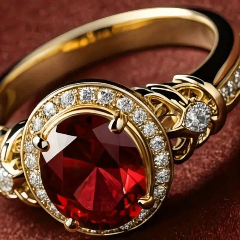 Huitan Anelli Nuziali Ovali Dorati con Zirconia Cubica Rossa per Donne Accessori Eleganti Temperamento Gioielli per Feste di Anniversario
