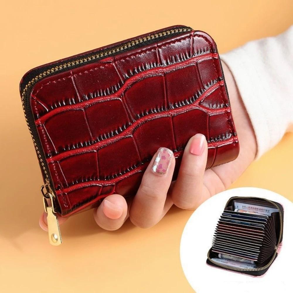 Vintage Mini Slim Card Holder with Zipper PU Zero Wallet Crocodile Pattern Multi Card Slots Thin Small Purse Driver License Case