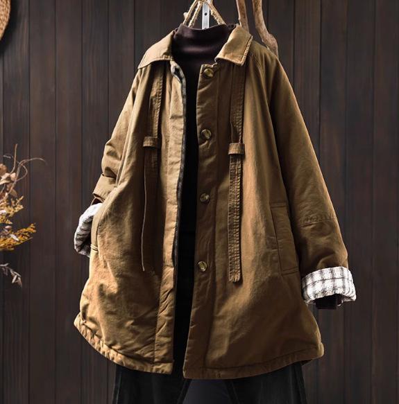 

Johnature Отложной воротник Свободный повседневный Однотонное пальто Женское Зима Ретро Длинные рукава Винтажное пальто в китайском стиле One Size кофейный