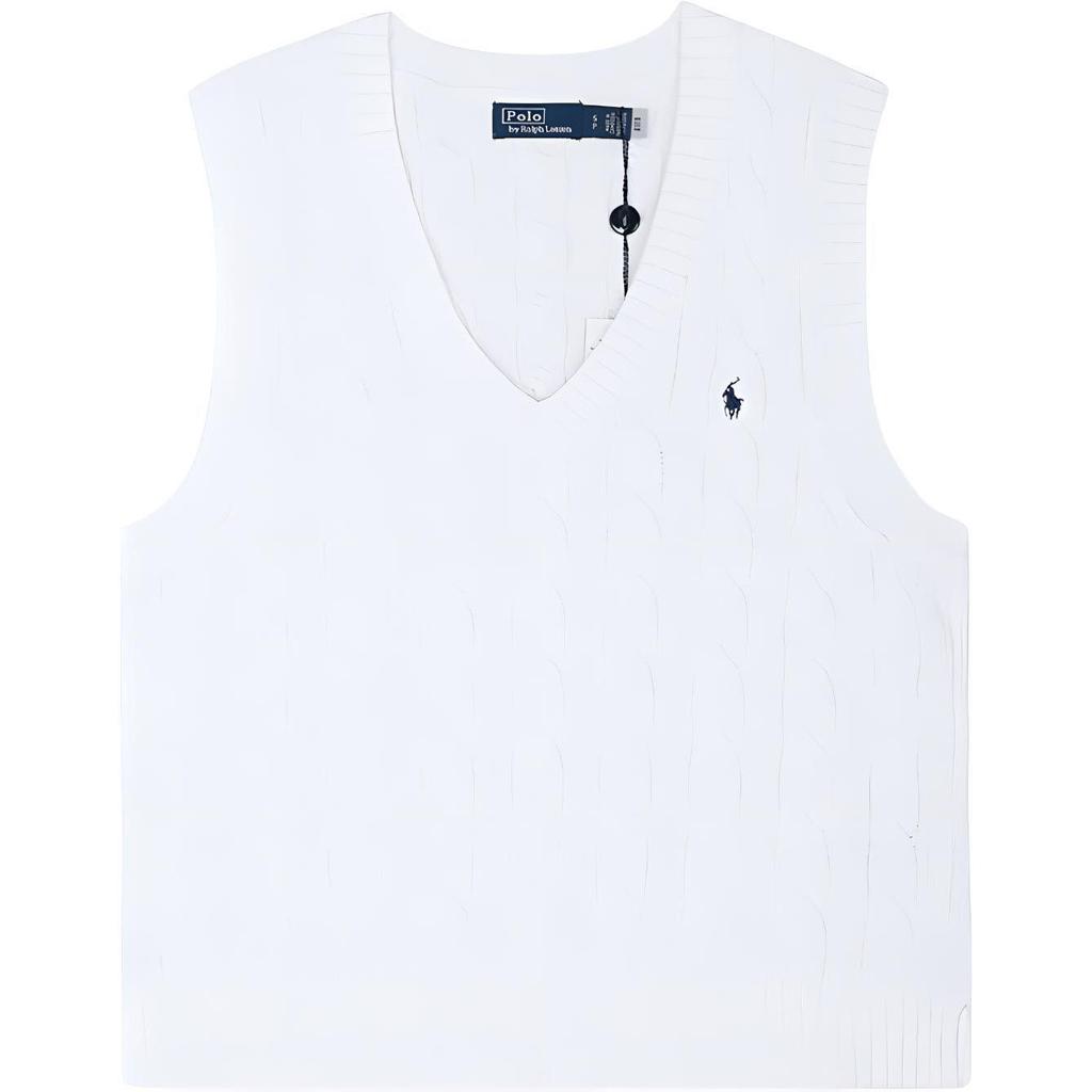 Polo Ralph Lauren SS23 Solid Color Small Logo Embroidered V-Neck Pullover Knit Vest Women Tops White 211906205-001