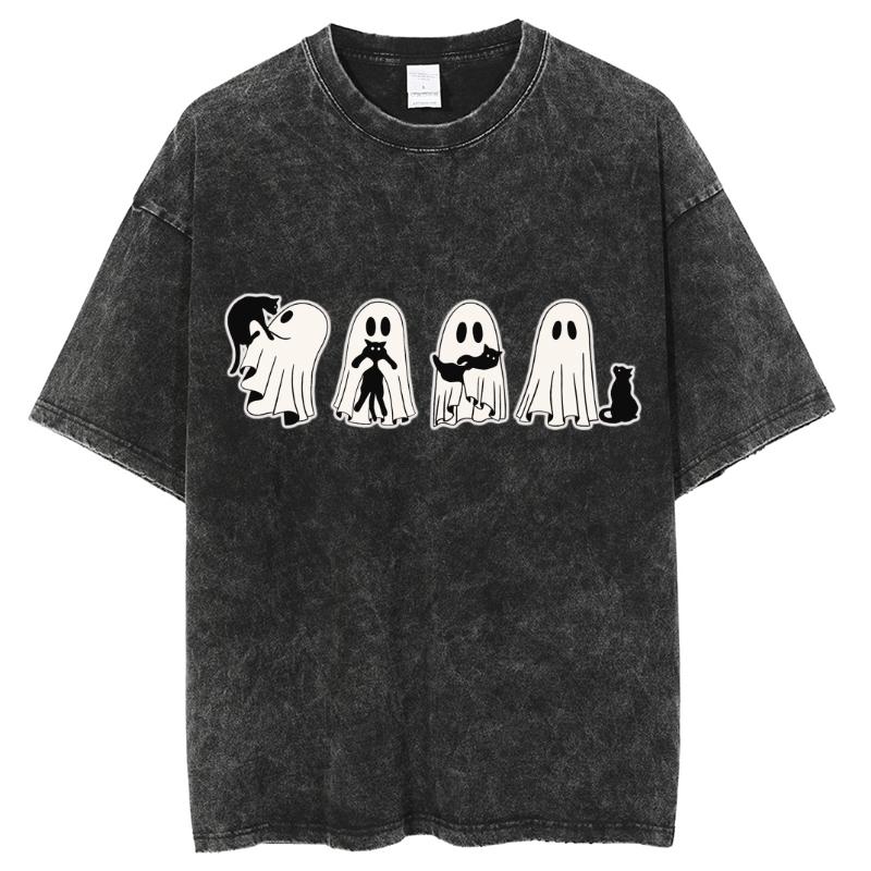 Cartoon Cat With Ghost Print Women T-Shirt Oversized Crew Neck Wash Loose Short Sleeve Unisex Minimalist Top Cute Sweetheart Y2k