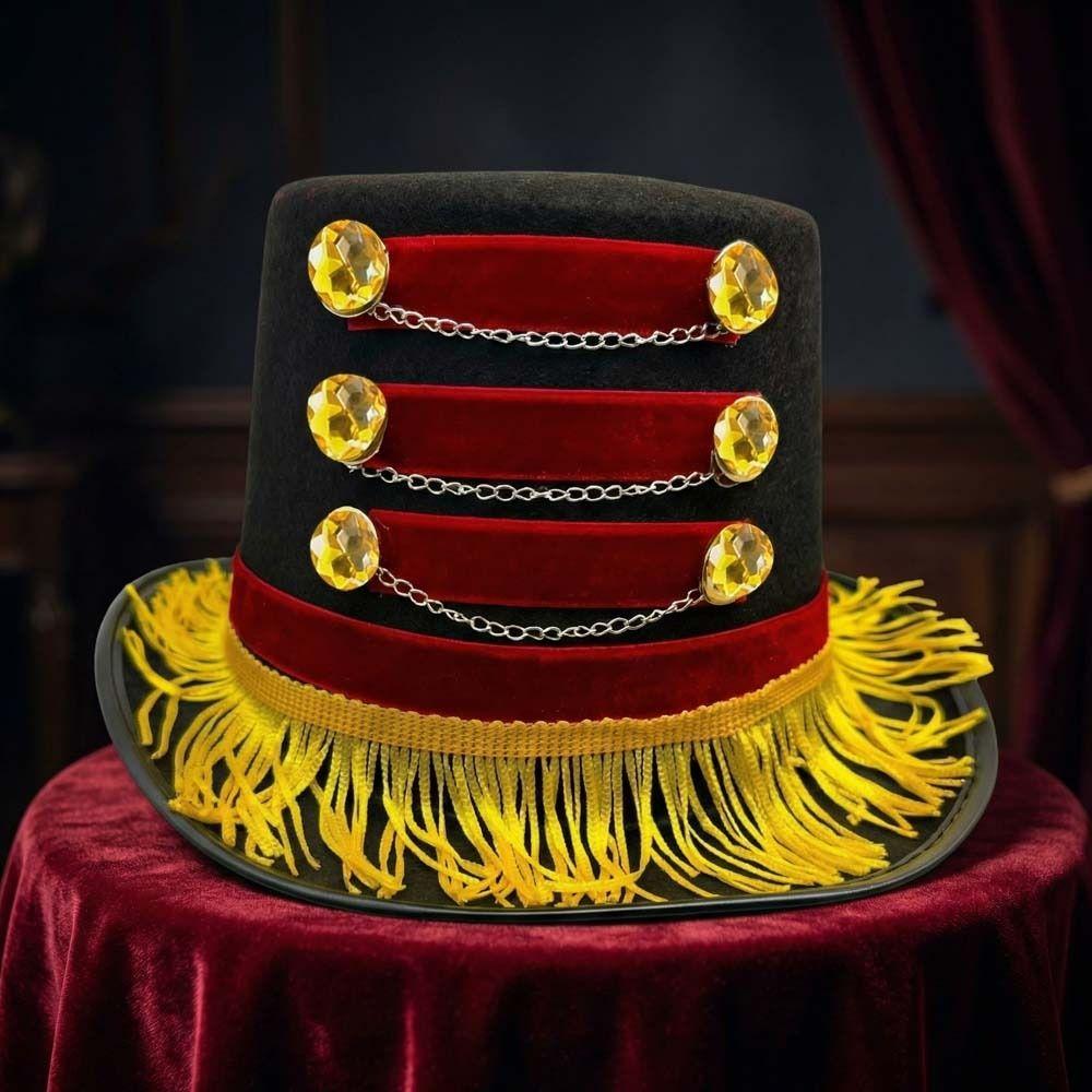 Quasten Design Vintage Fascinator Hüte Goldene Ketten Goldene Fransen Schwarzer Zirkushut Rot Schwarz Farbe Vintage Stil