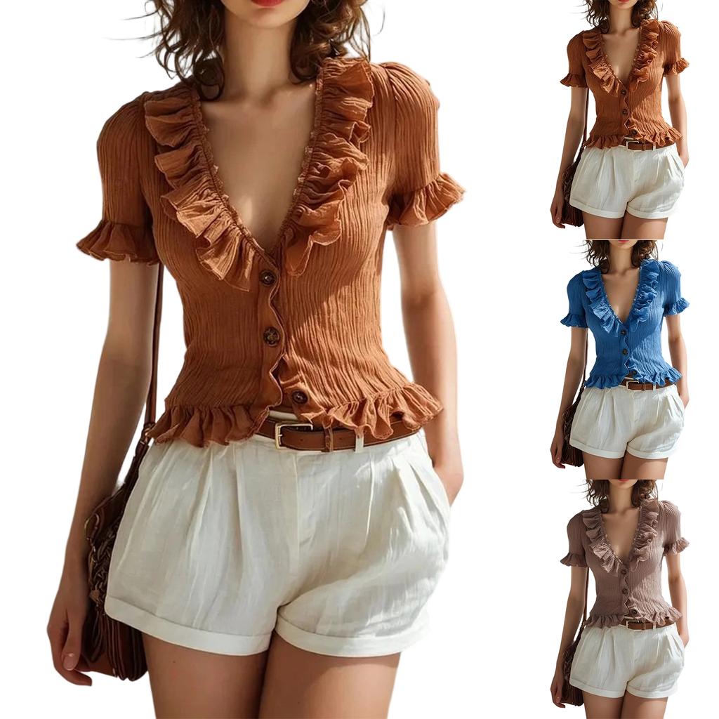 Women Bohemian Style Crinkled Texture Button Down Short Sleeve Ruffled Casual Vacation Blouse Top for Daily Wear