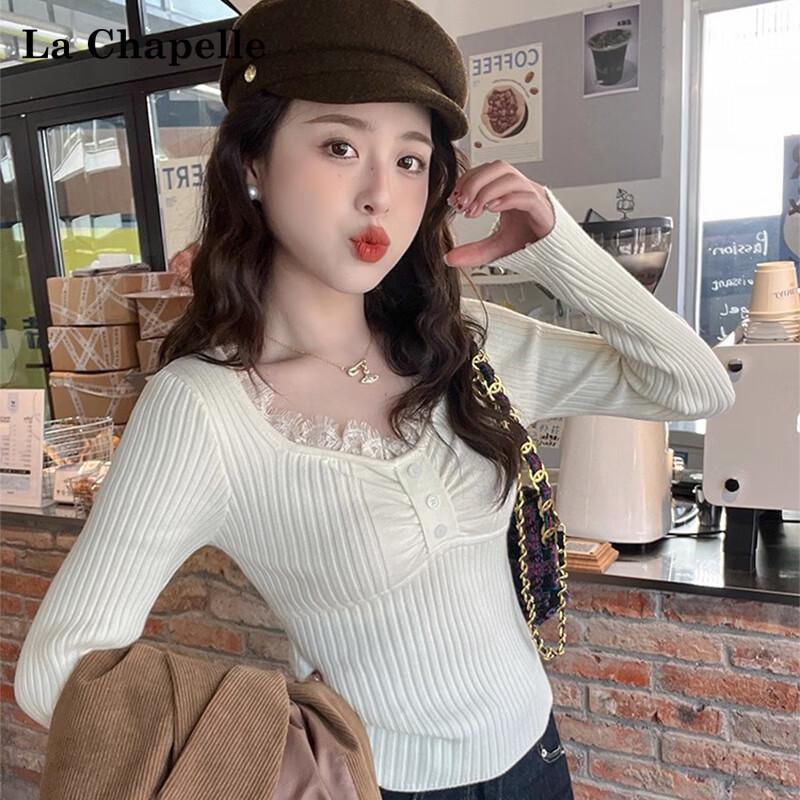 Damen Schickes V-Ausschnitt Strick-Basisschicht-Top mit Spitzendetails