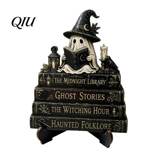 Halloween Party Tabletop Centerpieces Reading Ghost Figurine, Wooden Desktop Ornaments, Vintage Pumpkin Decor Statue with Stand for Home Fireplace