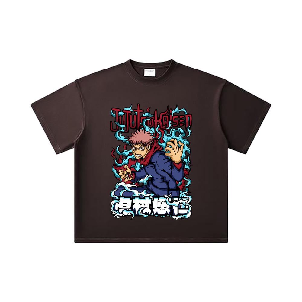 260 GSM Double Yarn 32 Count 100% Cotton Jujutsu Kaisen V50 Yuji Print Unisex Heavy Cotton T Shirt