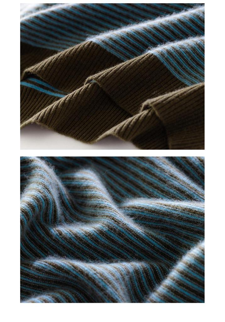 Women's Color-Block Lapel Knit Sweater: Loose Long Sleeve Stripe Base Layer for Autumn/Winter