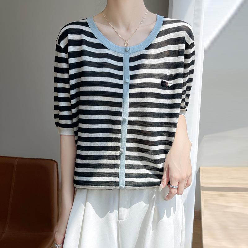 

Летний женский новый вязаный свитер с короткими рукавами, футболка, круглый вырез, жилет в полоску с сердечком XL синий