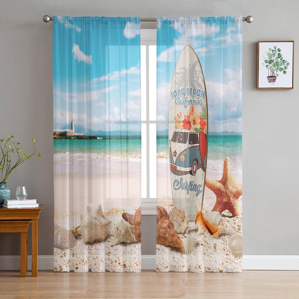 Surfboard Beach Starfish Shell Sheer Curtains for Living Room Decoration Window Curtains Kitchen Tulle Voile Organza Curtains