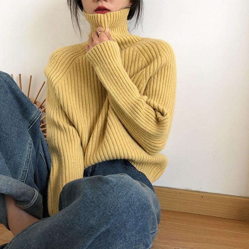 Women's Slim-Fit Ribbed High Neck Sweater - Solid Color Knit Top for Autumn/Winter