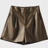 Braune PU-Ledershorts mit hoher Taille in A-Linie für Damen, Herbst/Winter 2025, Slim Fit, lässige Oberbekleidung mit weitem Bein.
