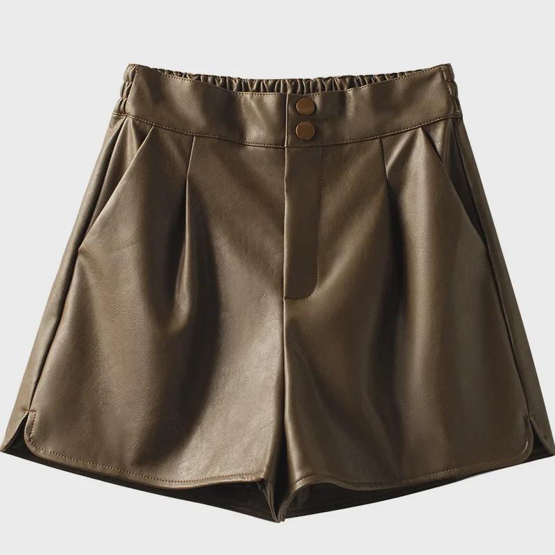 Braune PU-Ledershorts mit hoher Taille in A-Linie für Damen, Herbst/Winter 2025, Slim Fit, lässige Oberbekleidung mit weitem Bein.